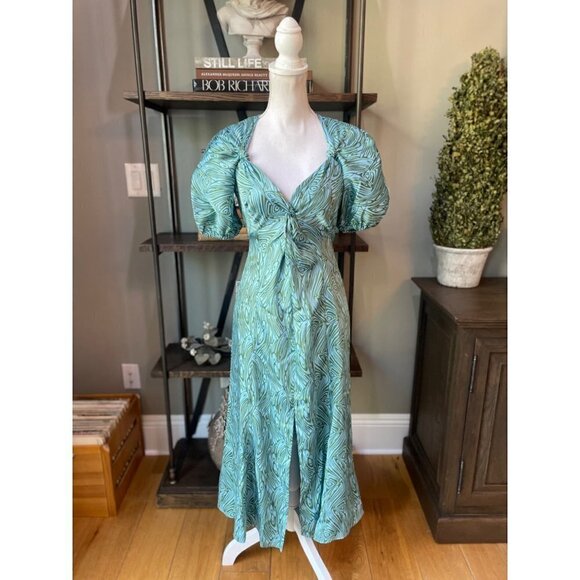Cinq a Sept Marice Printed Satin Midi Dress Celeste Green Blue Womens 0 - Picture 7 of 12